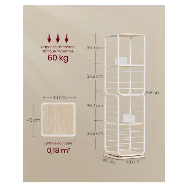 Bibliothèque Tournante Industriel 4 Niveaux Meuble Rangement 158 cm en Métal Blanc Bois Chêne