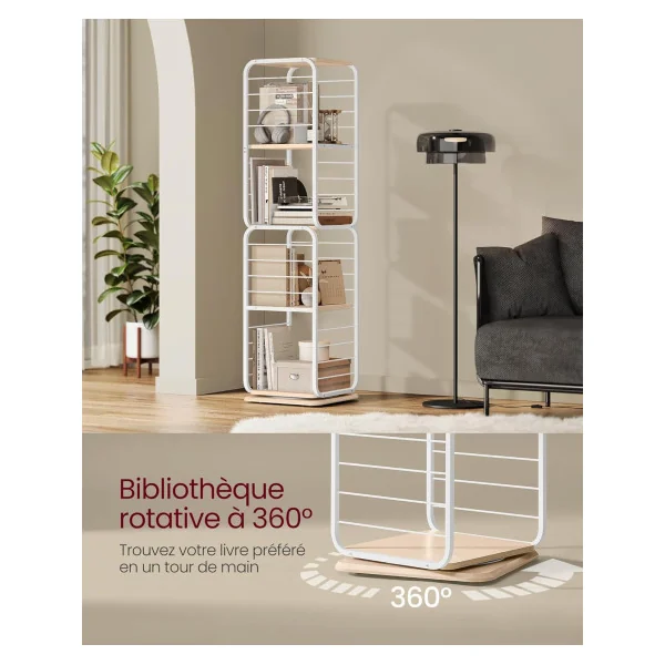 Bibliothèque Tournante Industriel 4 Niveaux Meuble Rangement 158 cm en Métal Blanc Bois Chêne