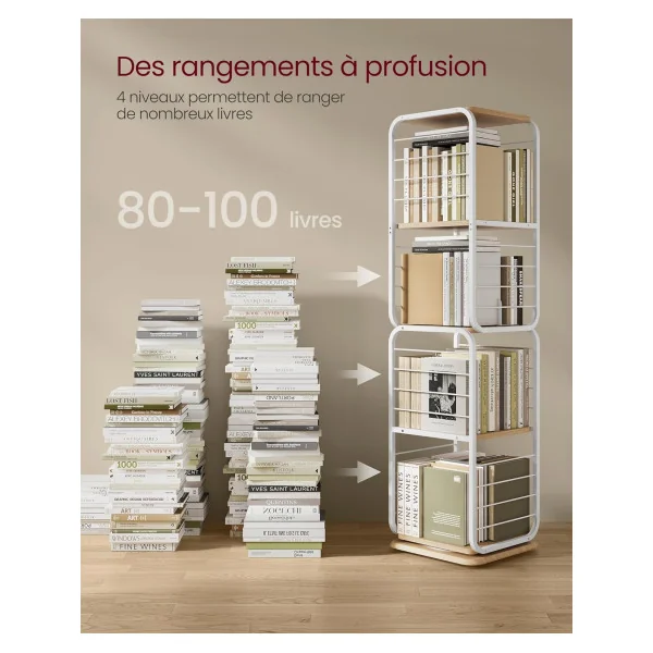 Bibliothèque Tournante Industriel 4 Niveaux Meuble Rangement 158 cm en Métal Blanc Bois Chêne