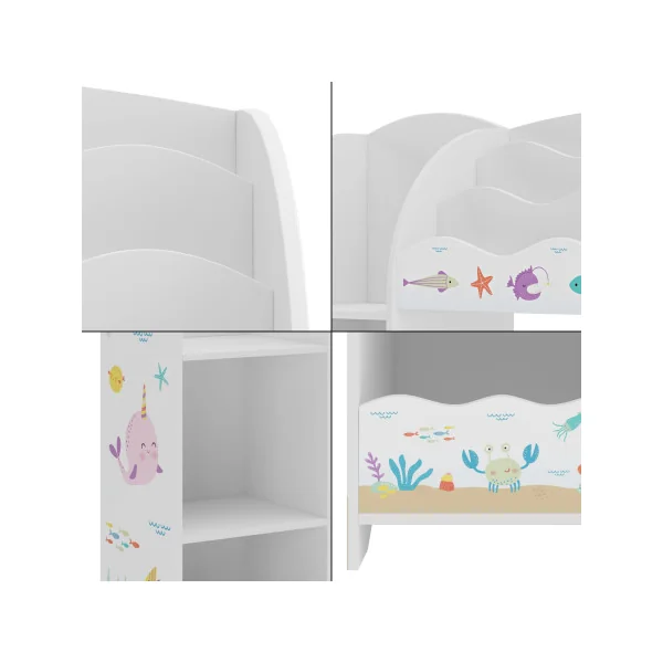 Bibliothèque Étagère Jouets pour Enfant Rangement Livres Thème Océan 2 Bacs Amovibles