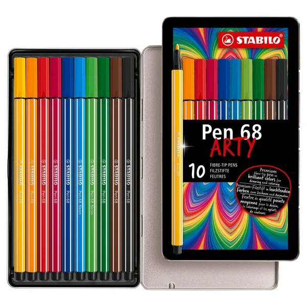 Boîte métal de 10 feutres de dessin pointe moyenne STABILO Pen 68 ARTY