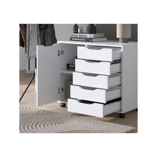 Buffet Blanc 5 Tiroirs 1 Placard Commode Salon Meuble d'Entrée Rangement Bureau Meuble Chambre