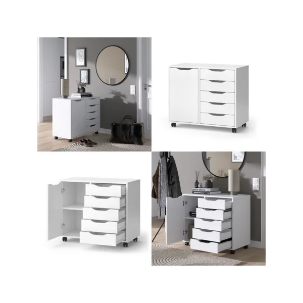 Buffet Blanc 5 Tiroirs 1 Placard Commode Salon Meuble d'Entrée Rangement Bureau Meuble Chambre