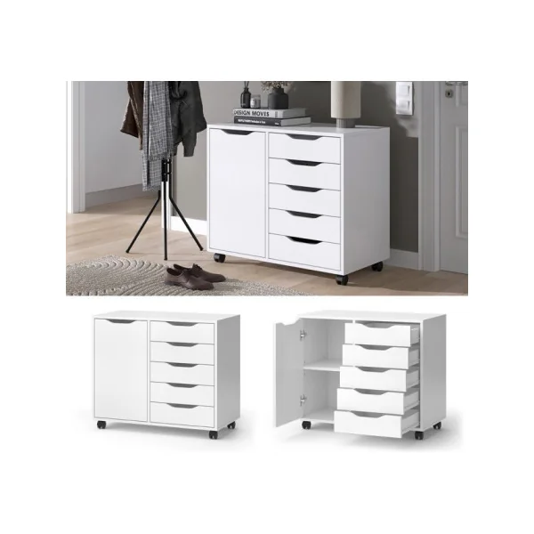 Buffet Blanc 5 Tiroirs 1 Placard Commode Salon Meuble d'Entrée Rangement Bureau Meuble Chambre