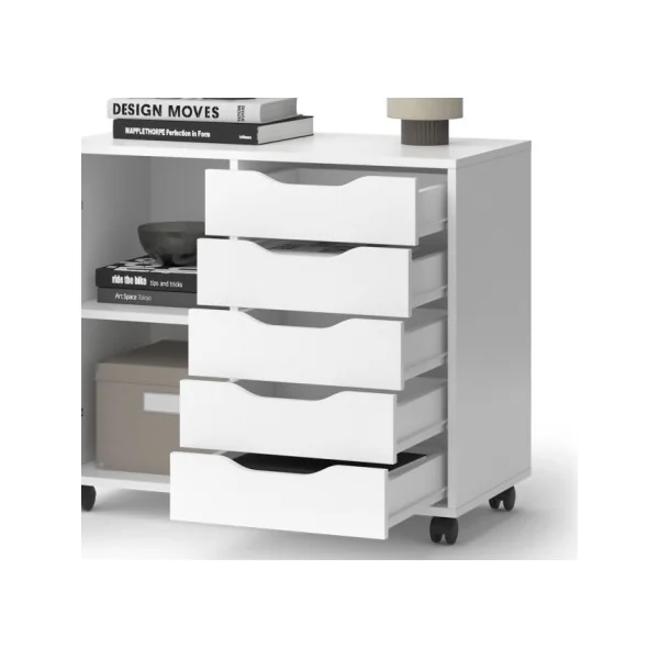 Buffet Blanc 5 Tiroirs 1 Placard Commode Salon Meuble d'Entrée Rangement Bureau Meuble Chambre