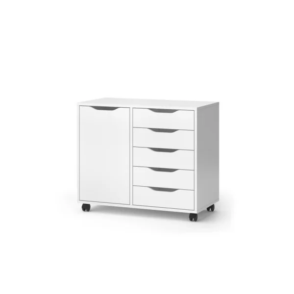 Buffet Blanc 5 Tiroirs 1 Placard Commode Salon Meuble d'Entrée Rangement Bureau Meuble Chambre