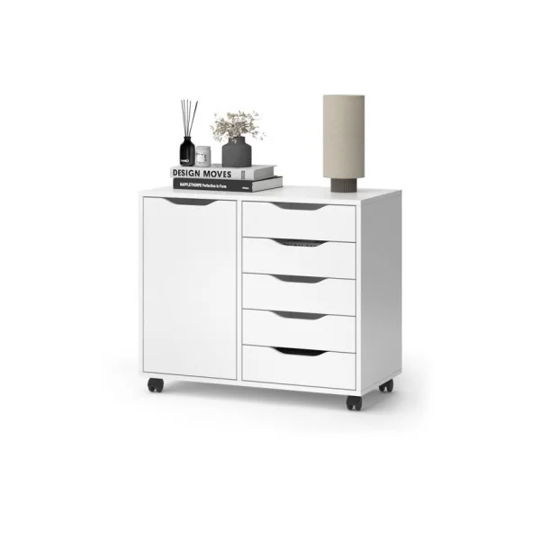 Buffet Blanc 5 Tiroirs 1 Placard Commode Salon Meuble d'Entrée Rangement Bureau Meuble Chambre