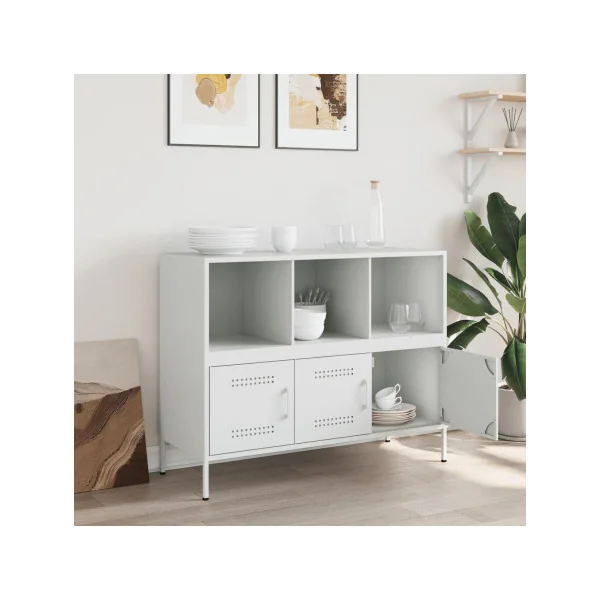 Buffet Blanc Salon 3 Portes 3 Compartiments en Métal Style Industriel Rangement Chambre