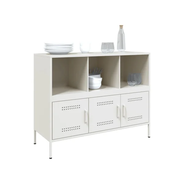 Buffet Blanc Salon 3 Portes 3 Compartiments en Métal Style Industriel Rangement Chambre