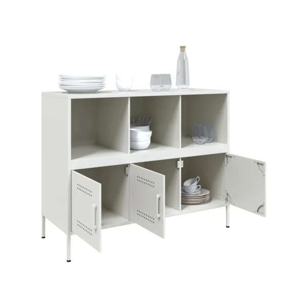 Buffet Blanc Salon 3 Portes 3 Compartiments en Métal Style Industriel Rangement Chambre