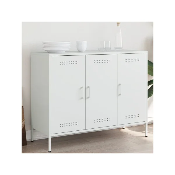 Buffet Blanc Salon 3 Portes en Métal Style Industriel Rangement Chambre