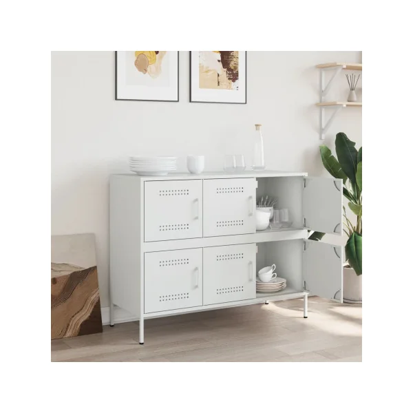 Buffet Blanc Salon 6 Portes en Métal Style Industriel Rangement Chambre