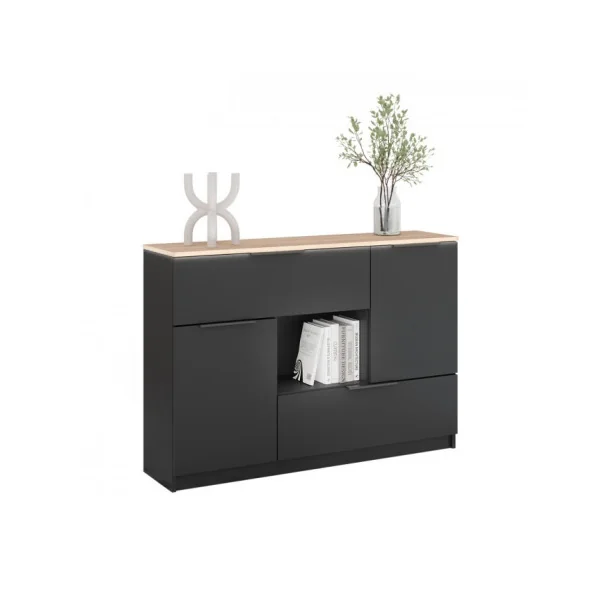 Buffet Chêne Anthracite 2 Tiroirs 2 Placards Commode Moderne Commode Salon Commode Chambre