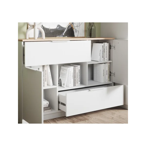 Buffet Chêne Blanc 2 Tiroirs 2 Placards Commode Moderne Commode Salon Commode Chambre