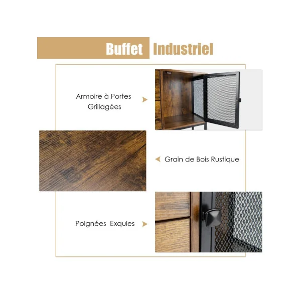 Buffet de Cuisine Tendance avec 2 Placard 2 Tiroirs et Étagère Inférieure Style Industriel