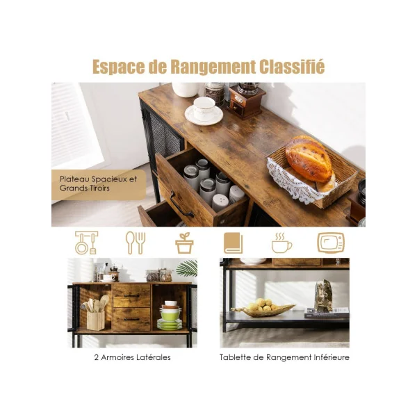 Buffet de Cuisine Tendance avec 2 Placard 2 Tiroirs et Étagère Inférieure Style Industriel