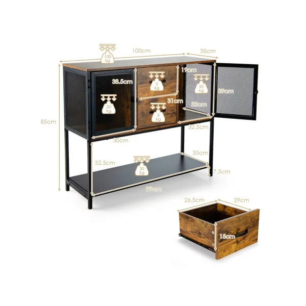 Buffet de Cuisine Tendance avec 2 Placard 2 Tiroirs et Étagère Inférieure Style Industriel