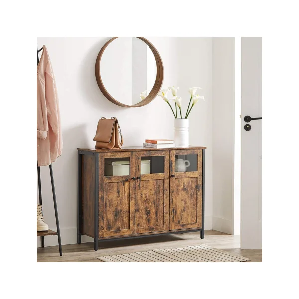 Buffet de Salon 3 Portes Style Industriel Effet Marron Rustique et Noir Meuble Rangement avec Placard