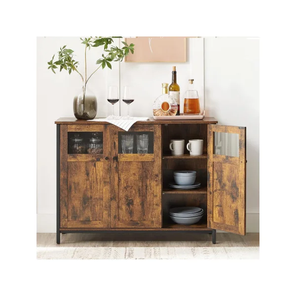 Buffet de Salon 3 Portes Style Industriel Effet Marron Rustique et Noir Meuble Rangement avec Placard