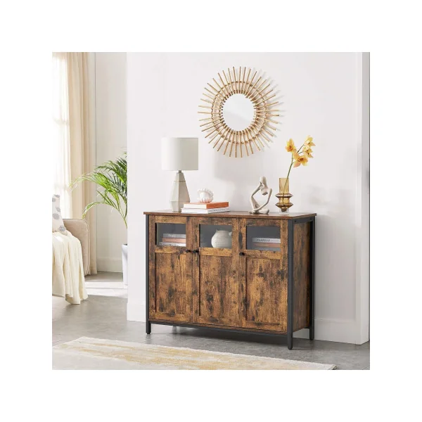 Buffet de Salon 3 Portes Style Industriel Effet Marron Rustique et Noir Meuble Rangement avec Placard