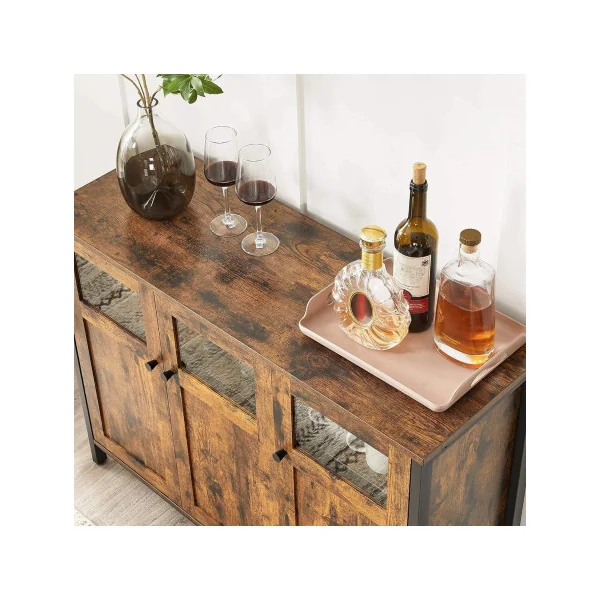 Buffet de Salon 3 Portes Style Industriel Effet Marron Rustique et Noir Meuble Rangement avec Placard