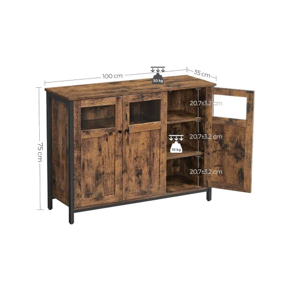 Buffet de Salon 3 Portes Style Industriel Effet Marron Rustique et Noir Meuble Rangement avec Placard