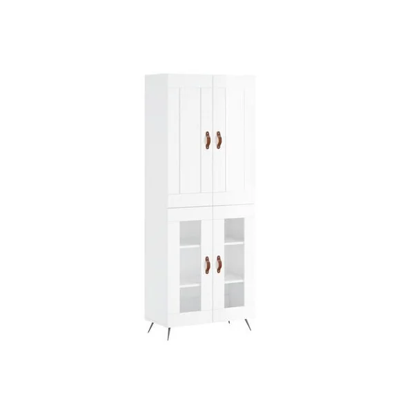 Buffet de Salon Blanc Brillant 180 cm 2 Portes Vitrées 5 Etagères Pieds Métal Armoire Cuisine