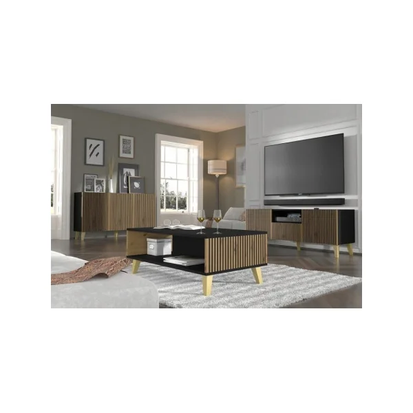 Buffet Design Chêne et Noir Graphique 150 cm 3 Placards Buffet Moderne de Salle à Manger