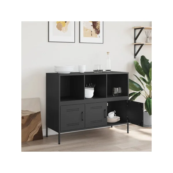 Buffet Noir Salon 3 Portes 3 Compartiments en Métal Style Industriel Rangement Chambre