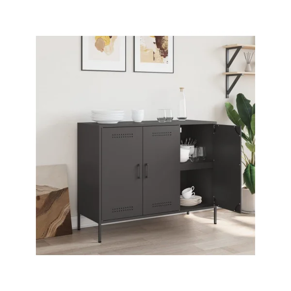 Buffet Noir Salon 3 Portes en Métal Style Industriel Rangement Chambre