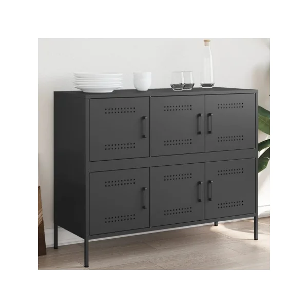 Buffet Noir Salon 6 Portes en Métal Style Industriel Rangement Chambre