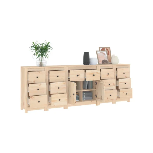 Buffet Salon 14 Tiroirs 2 Placards en Pin Massif Meuble Rangement Chambre