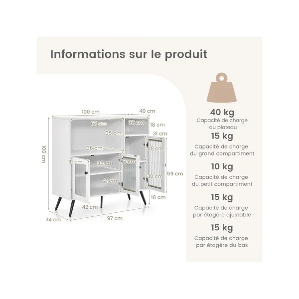 Buffet Salon 3 portes 2 Niches Buffet de Salle à Manger Buffet Cuisine Moderne Pied Rétro