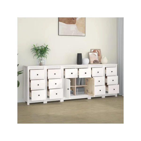 Buffet Salon Blanc 14 Tiroirs 2 Placards en Pin Massif Meuble Rangement Chambre