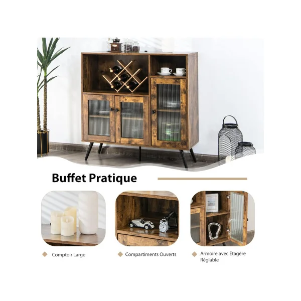Buffet Salon Brun Rustique 3 portes 2 Niches Buffet de Salle à Manger Buffet Cuisine Moderne Pied Rétro