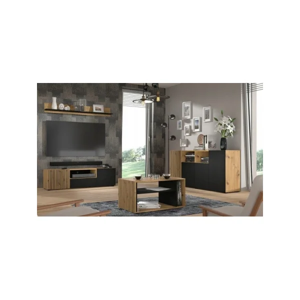 Buffet Salon Chêne et Noir 180 cm 4 Placards Buffet Moderne de Salle à Manger
