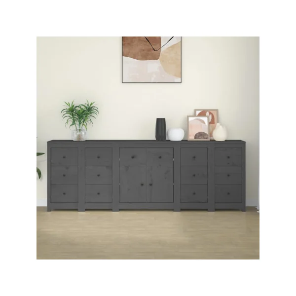Buffet Salon Gris 14 Tiroirs 2 Placards en Pin Massif Meuble Rangement Chambre