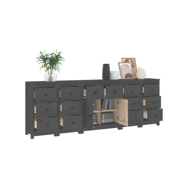 Buffet Salon Gris 14 Tiroirs 2 Placards en Pin Massif Meuble Rangement Chambre