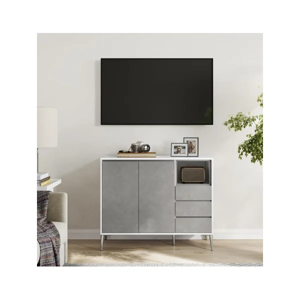 Buffet Salon Moderne Buffet Salle à Manger Buffet blanc Gris Béton 3 tiroirs Armoire de rangement