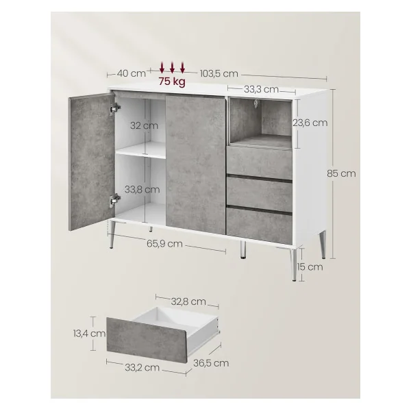 Buffet Salon Moderne Buffet Salle à Manger Buffet blanc Gris Béton 3 tiroirs Armoire de rangement