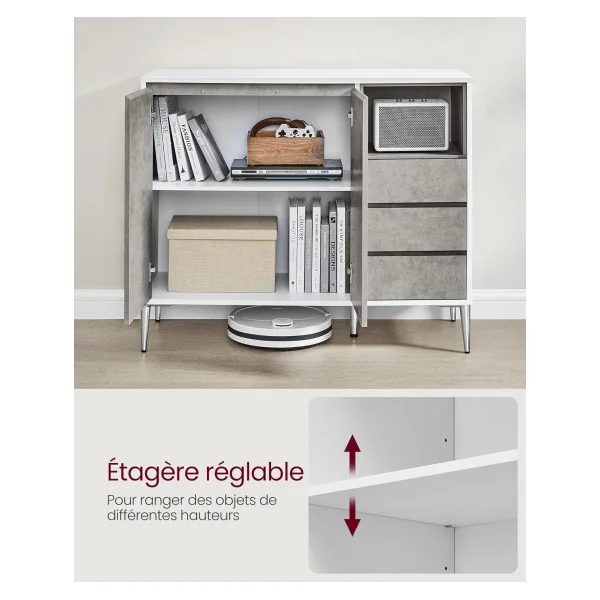 Buffet Salon Moderne Buffet Salle à Manger Buffet blanc Gris Béton 3 tiroirs Armoire de rangement