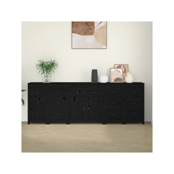 Buffet Salon Noir 14 Tiroirs 2 Placards en Pin Massif Meuble Rangement Chambre