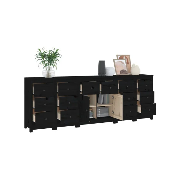 Buffet Salon Noir 14 Tiroirs 2 Placards en Pin Massif Meuble Rangement Chambre
