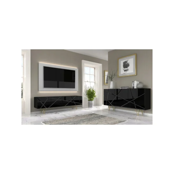 Buffet Salon Noir Brillant Buffet Blanc 3 Placards Meuble de Rangement Salle à Manger