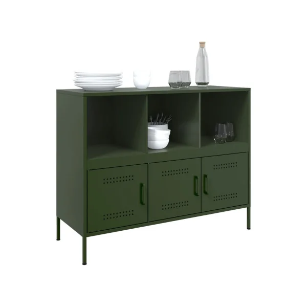 Buffet Vert Olive Salon 3 Portes 3 Compartiments en Métal Style Industriel Rangement Chambre