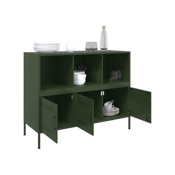 Buffet Vert Olive Salon 3 Portes 3 Compartiments en Métal Style Industriel Rangement Chambre