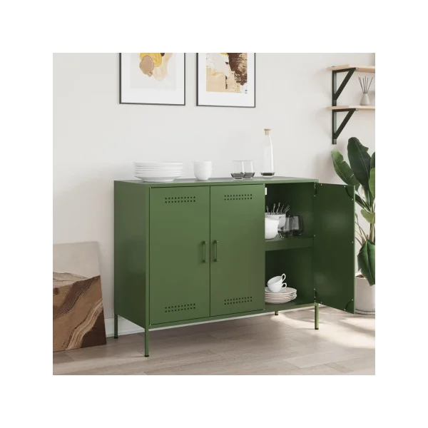 Buffet Vert Olive Salon 3 Portes en Métal Style Industriel Rangement Chambre