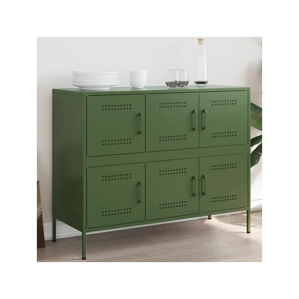 Buffet Vert Olive Salon 6 Portes en Métal Style Industriel Rangement Chambre