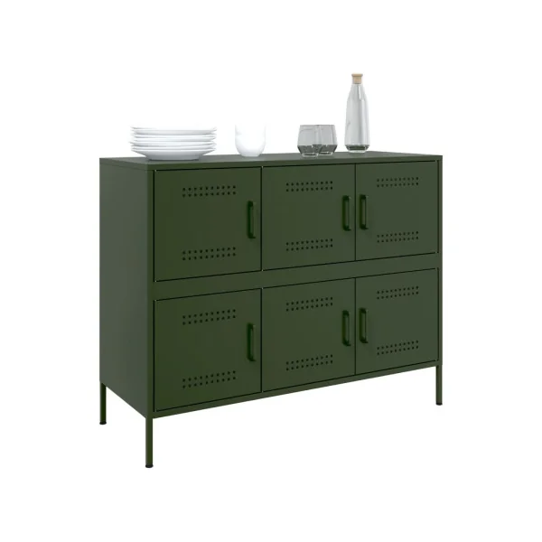 Buffet Vert Olive Salon 6 Portes en Métal Style Industriel Rangement Chambre