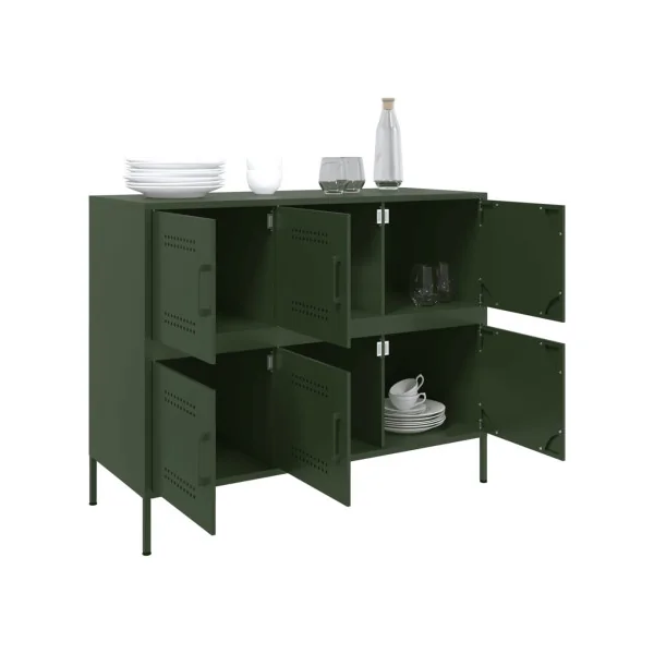 Buffet Vert Olive Salon 6 Portes en Métal Style Industriel Rangement Chambre